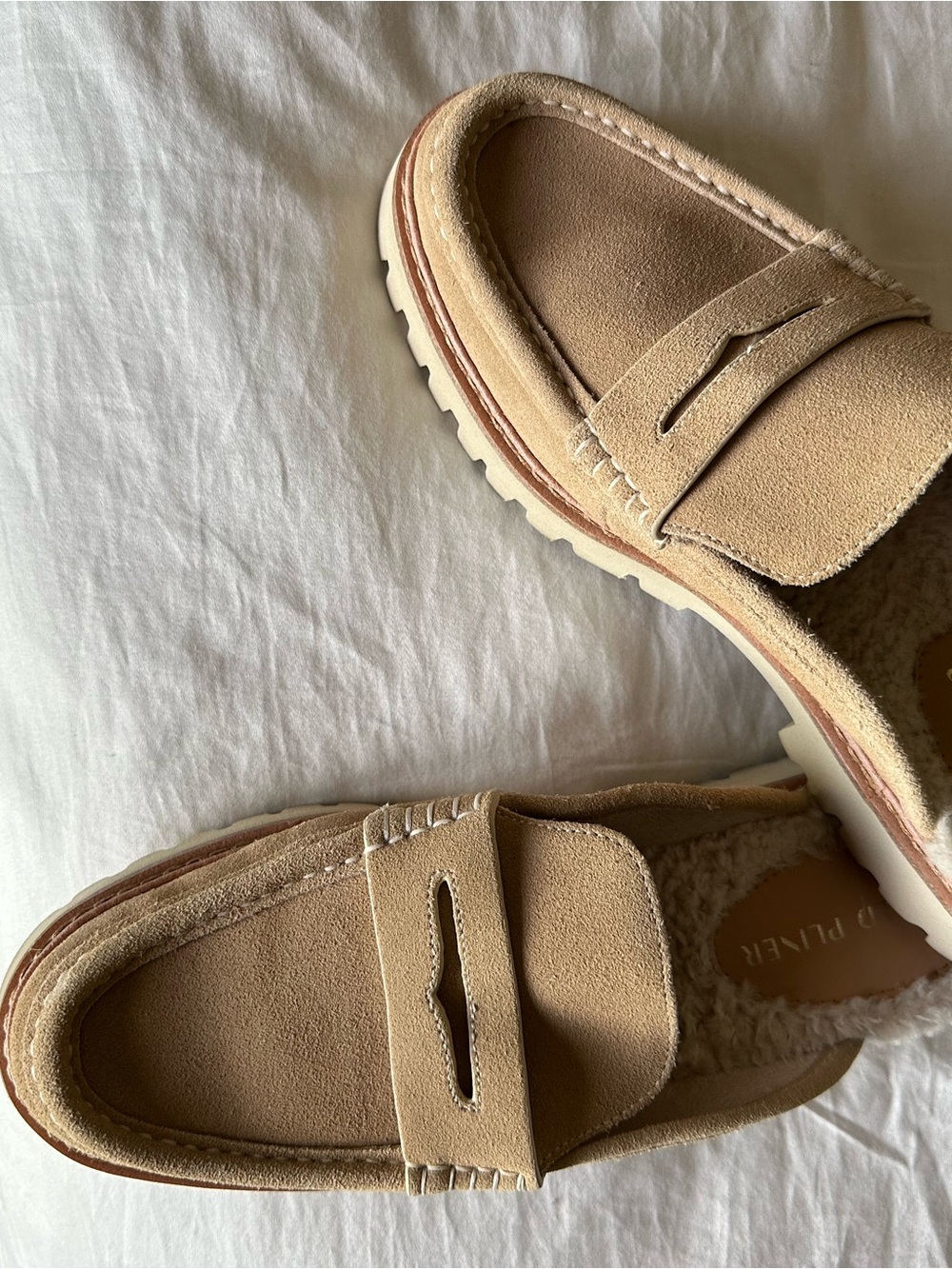 Donald J. Pliner Beige Suede Shearling-Lined Penny Loafers